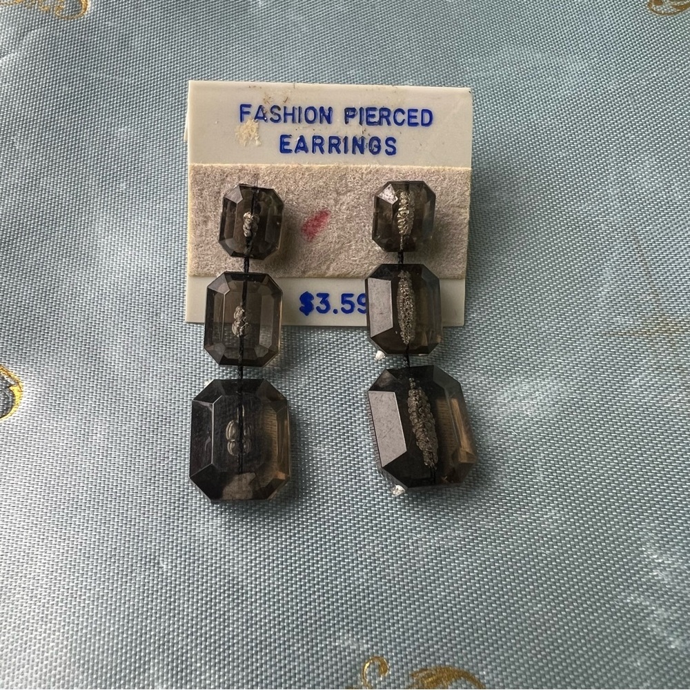 Vintage 1970s Deadstock Smoky Glass Drop Earrings | Faceted Crystal
